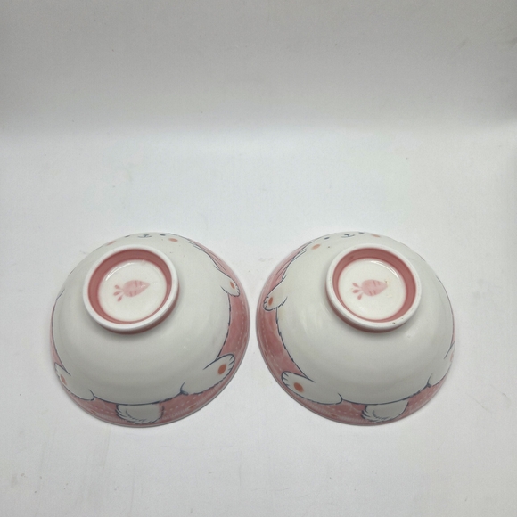Pink Bunny Rabbit Japanese Ceramic Rice  Bowls - Picture 6 of 7
